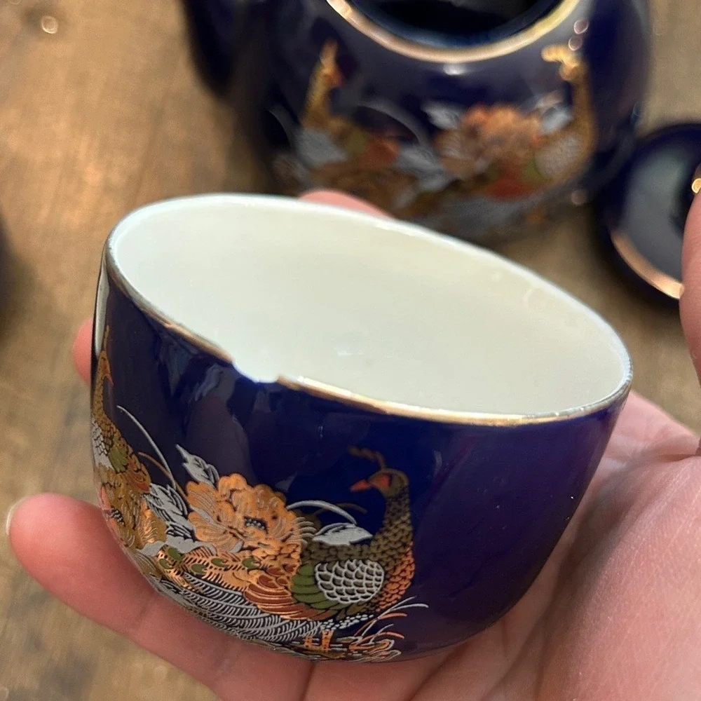 Vintage Blue Asian Porcelain Teapot/Lid Wrapped Handle Gold Pheasant 3 Cups